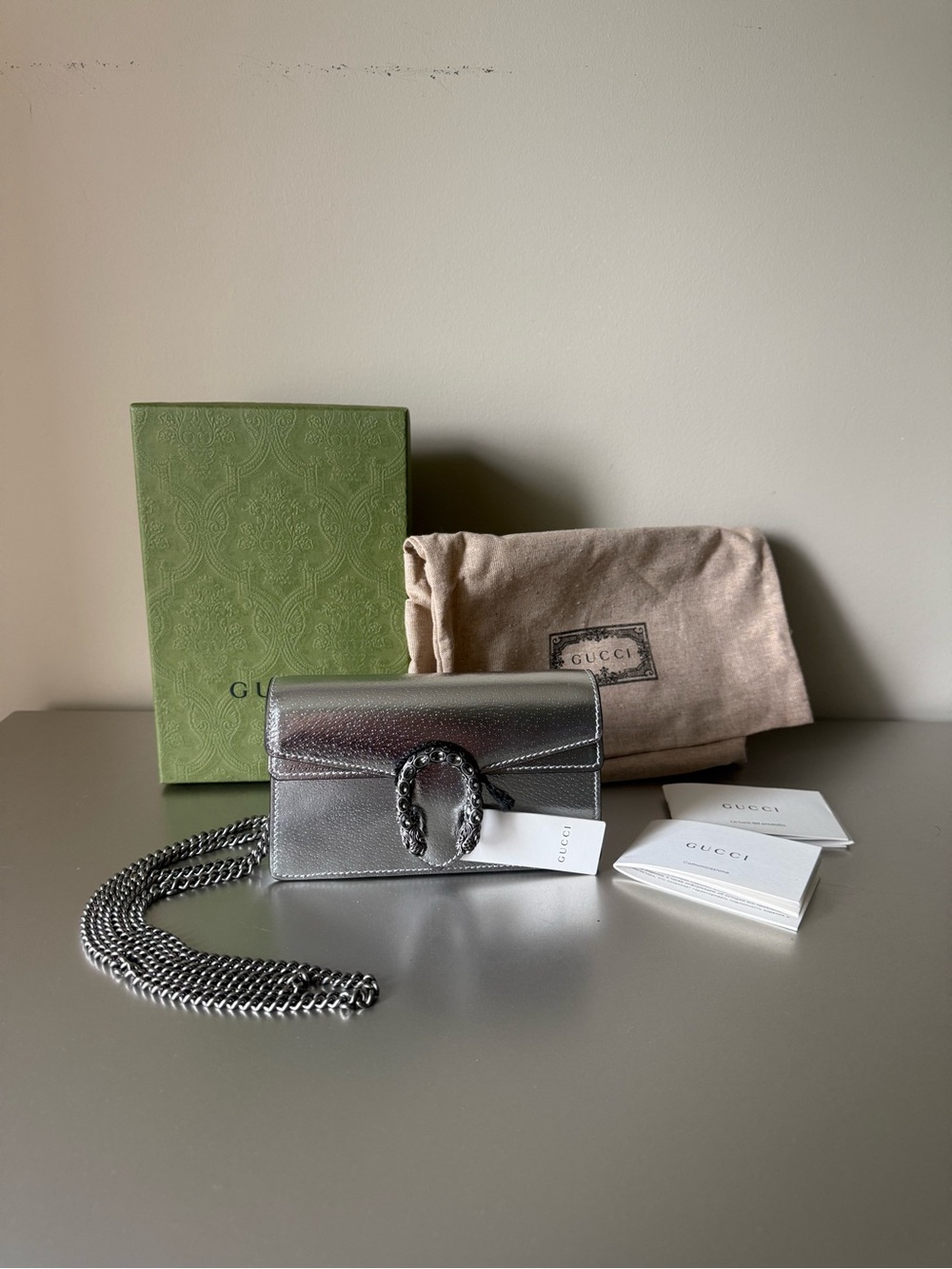 Gucci Metallic Silver Mini Dionysus Crossbody Bag